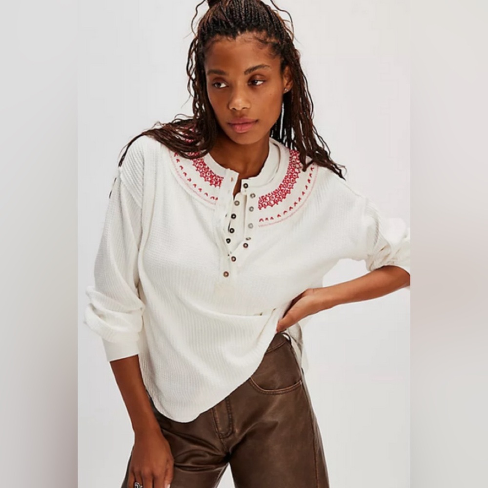 Free People We The Free Holly Henley Top Ivory Combo Button Oversized Blouse XS
